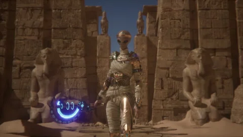 Pharaonic Alien Queen Revives in Temple Courtyard, Holding a Magical Staff A Stock Footage 291383140