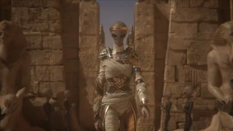 Pharaonic temple radiates glory as the alien queen walks in royal splendor Stock Footage 292634535