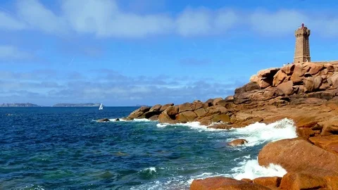 Phare de Ploumanach, a famous lighthouse, Brittany, Bretagne Stock Footage 77640536
