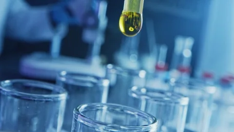 Pharma Lab: Pipette Dropping Yellow Liquid into Test Tubes, Medical Research Stock Footage 121783297