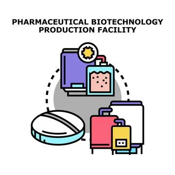 Pharmaceutical biotechnology production facility creating medicine products Stock Illustration
