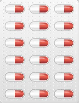 Pharmaceutical blister pack displaying capsules with a white and reddish-or.. Stock Illustration