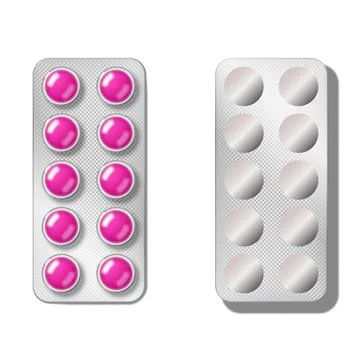 Pharmaceutical blister pack of round pink tablets realistic 3d vector isola.. Stock Illustration