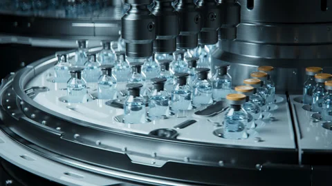 Pharmaceutical Bottling Process in a Modern Industrial Production Facility Stock Footage 308236972