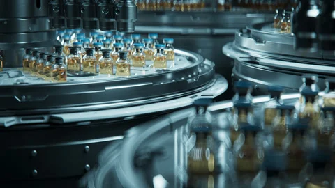 Pharmaceutical Bottling Process in a Modern Industrial Production Facility Stock Footage 308241757