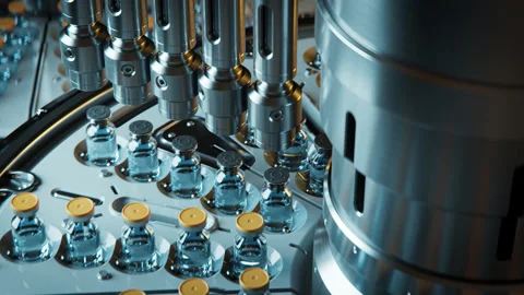 Pharmaceutical Bottling Process in a Modern Industrial Production Facility Stock Footage 308334698