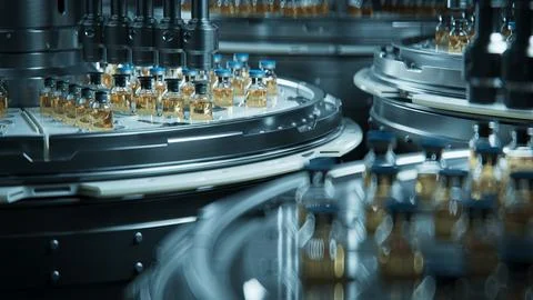 Pharmaceutical Bottling Process in a Modern Industrial Production Facility Stock Illustration
