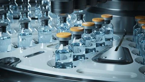 Pharmaceutical Bottling Process in a Modern Industrial Production Facility Stock Illustration