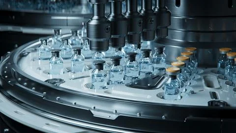 Pharmaceutical Bottling Process in a Modern Industrial Production Facility Stock Illustration