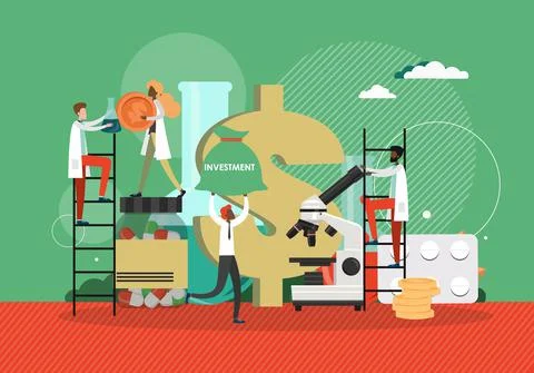 Pharmaceutical business concept vector illustrator. Scientists research new drug Stock Illustration