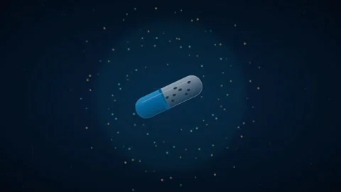Pharmaceutical Capsule Dissolution in fluid releasing glowing 4K Loop Stock Footage 345144340