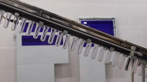 Pharmaceutical conveyor machine production line with empty glass flasks at the Stock Footage 130263012