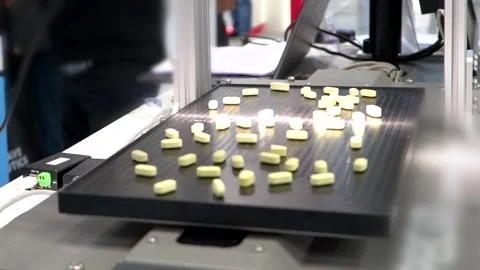 Pharmaceutical conveyor system inspects tablets under bright light at medical Stock Footage 312927607
