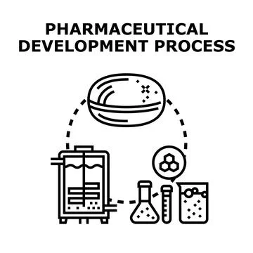 Pharmaceutical development process diagram with laboratory equipment Stock Illustration