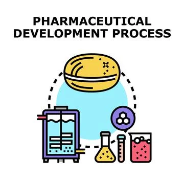 Pharmaceutical development process diagram with laboratory equipment Stock Illustration