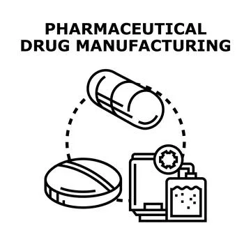 Pharmaceutical drug manufacturing process producing medical products Stock Illustration