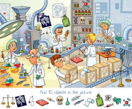 Pharmaceutical factory. Find 15 objects in the picture Stock Illustration