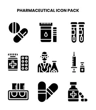 Pharmaceutical Glyph Design Icons Pack Stock Illustration
