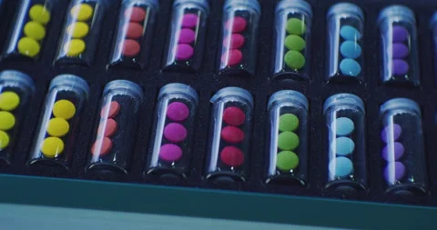 Pharmaceutical industry. preparations of different colors, packaged in identical 스톡 동영상 229087033