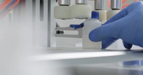 Pharmaceutical laboratory. Close-up scientist or chemist tightens tube lids Stock Footage 274225779