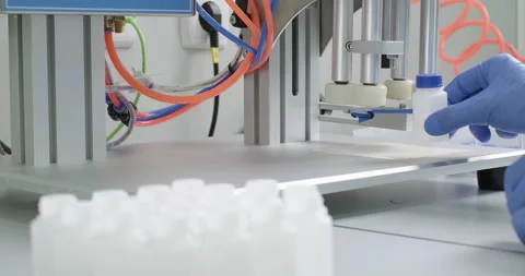 Pharmaceutical laboratory. Scientist or chemist tightens tube lids using machine Stock Footage 274225747