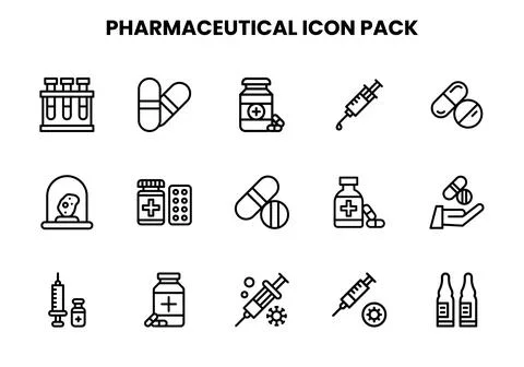 Pharmaceutical Line Design Icons Pack Stock Illustration
