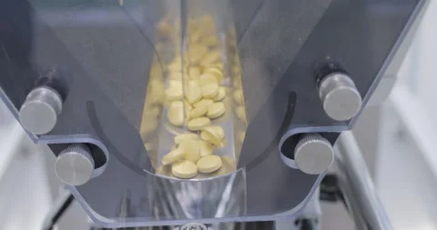 Pharmaceutical machine counting round yellow pills Stock Footage 293094532