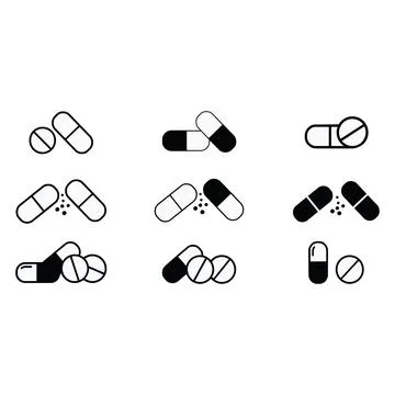 Pharmaceutical pill and capsule black and white medical symbols on a white .. Stock Illustration