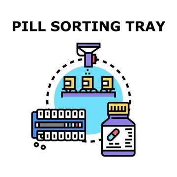 Pharmaceutical pill sorting and dispensing process concept Stock Illustration
