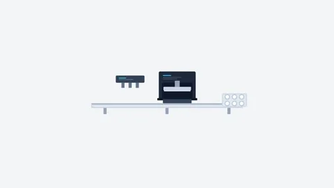 Pharmaceutical production line animation with moving medicine vials. 4K Video stock 344846535