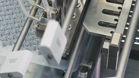 Pharmaceutical production line. Automatic factory machine for filling vials with Stock Footage 169841315