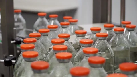 Pharmaceutical production line Packing pallets bottles filled liquid red lids Stock Footage 149602860