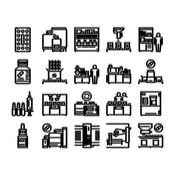 Pharmaceutical production process vector glyph icons set Stock Illustration