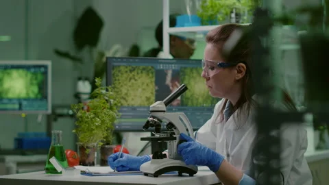 Pharmaceutical scientist looking at green leaf sample on microscope Stock Footage 152079583
