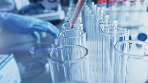 Pharmaceutics Laboratory: Pipette Drops Liquid into Test Tubes, Medical Research Stock Footage 121782816