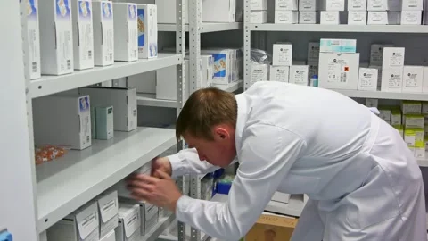 Pharmacist checking products while working together in a dispensary Stock Footage 265594347