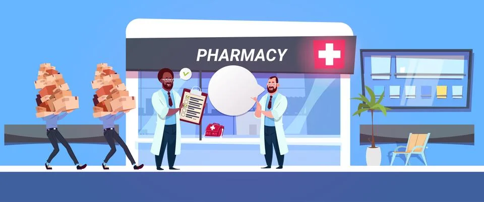 Pharmacist Doctor In Pharmacy Store Check Boxes With Drugs And Pills Modern Stock Illustration