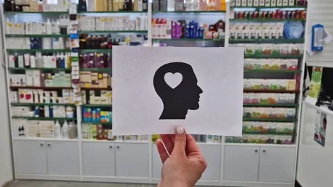 Pharmacist hand holding a paper with a head silhouette featuring a heart inside, Stock Footage 307389769
