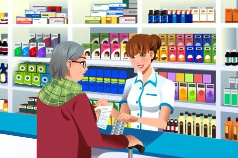 Pharmacist helping an elderly person Stock Illustration