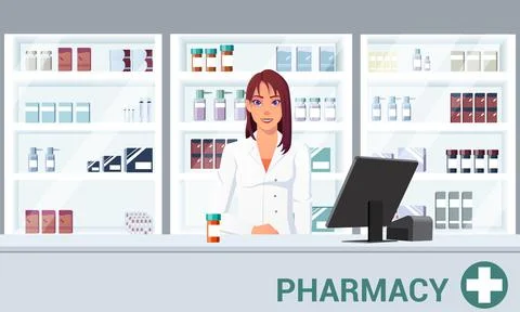 Pharmacist Infront of Shelf in a Pharmacy Flat Cartoon Illustration Stock Illustration