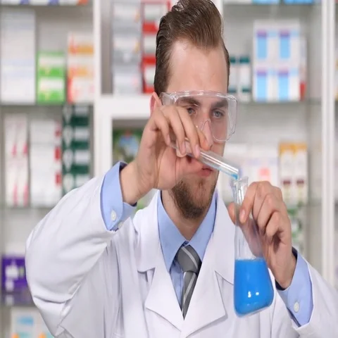 Pharmacist Man Holding Liquid Sample in Pharmacy Laboratory Drugs Preparation Stock Footage 69701059