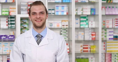 Pharmacist Man Look Camera Presentation Show Ok Sign Pharmacy Activity Employee Stock Footage 73588059