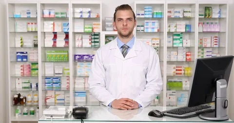 Pharmacist Man Negative No Respond Looking Camera Negate Pharmacy Presentation Stock Footage 77003678