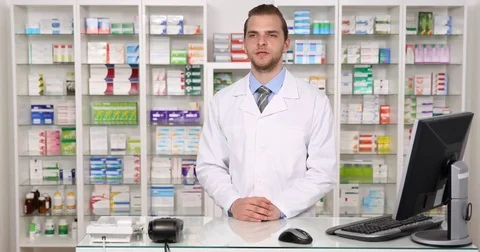 Pharmacist Man Talk Interview About Drugs Medicine Testimonials Pharmacy Concept Stock Footage 77009735