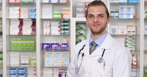 Pharmacist Man Talking About New Treatment Healthcare Solution Pharmacy Concept Video stock 80299681