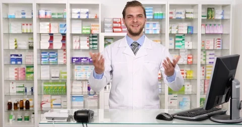 Pharmacist Man Talking Looking Camera Optimistic Presentation Pharmacy Concept Stock Footage 75844742