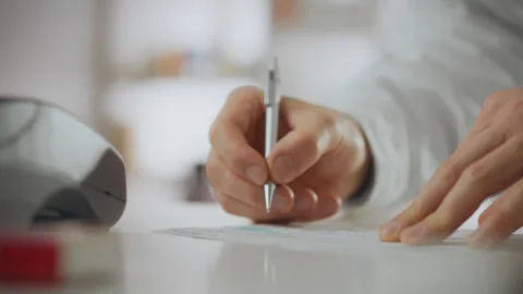 Pharmacist. A pharmacist assistant dressed in a white coat signs paper docum Stock Footage 277164048