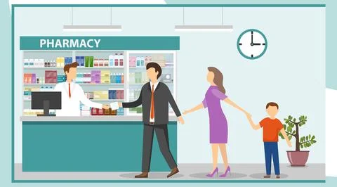 A pharmacist in a pharmacy serves customers. Interior pharmacy with drugs. Stock Illustration