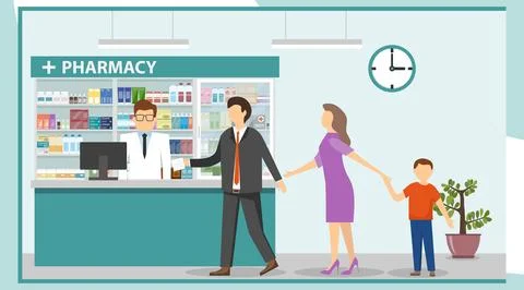 A pharmacist in a pharmacy serves customers. Interior pharmacy with drugs. Stock Illustration
