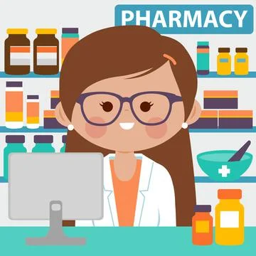 Pharmacist in a pharmacy. Vector illustration Stock Illustration